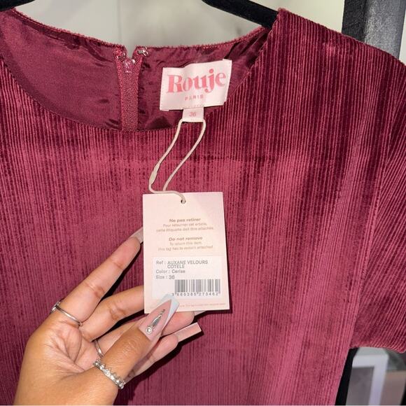 Rouje Paris Auxane Velour Corduroy Short Mini Dress in Cerise Burgundy - Picture 8 of 12
